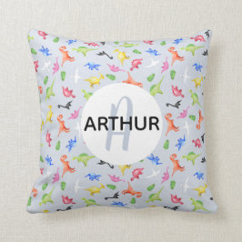 Boys Watercolor Dinosaur Monogram och Namn Kids Kudde