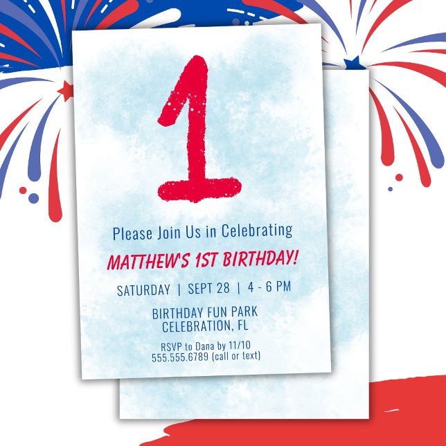 Boys Watercolor Kids Blue 1:a födelsedag Inbjudningar (Skapare uppladdad)