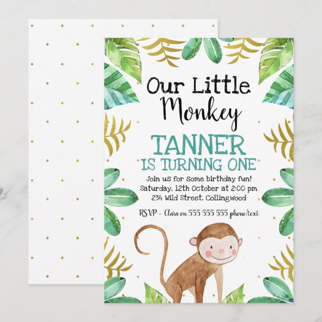 Boys Watercolor lille Monkey Birthday Inbjudan (Fram/baksida)