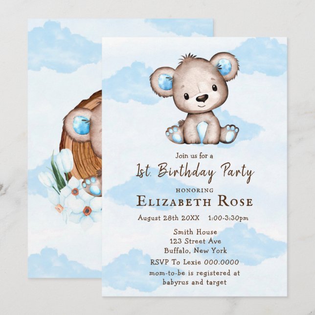 Boy's Watercolor Nalle 1St. Födelsedagsfest (Fram/baksida)