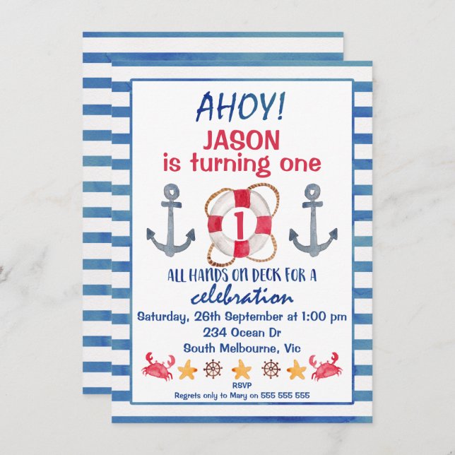 Boys Watercolor Nautical Birthday-inbjudan Inbjudningar (Fram/baksida)