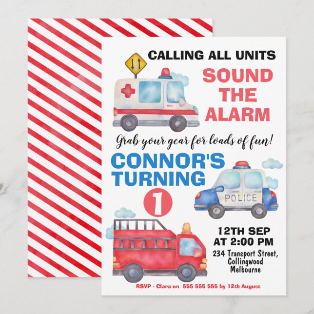 Boys Watercolor Transport 1:a födelsedagsinbjudan Inbjudningar (Fram/baksida)