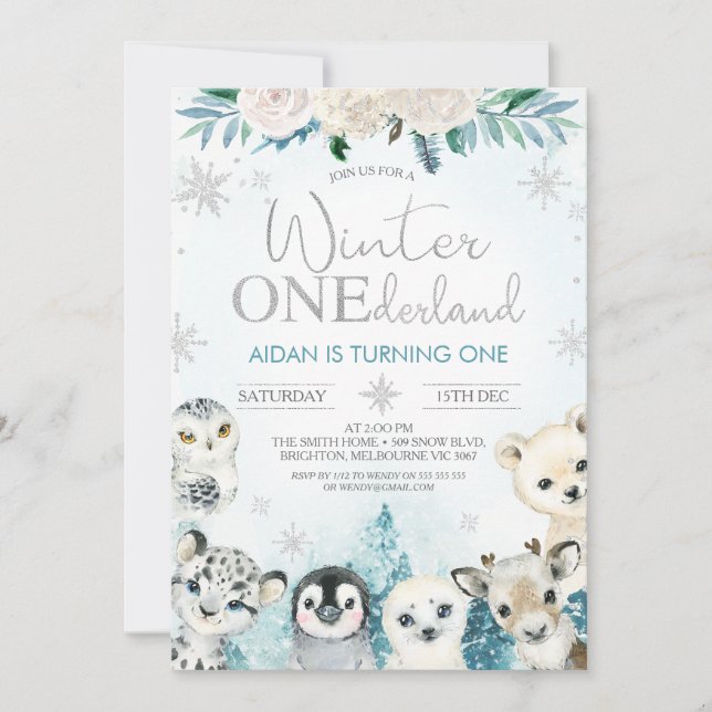 Boys Winter Animals Winter Onederland Birthday Inbjudningar (Framsida)