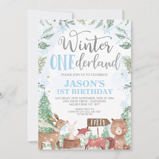 Boys Winter Onederland Woodland Animals Birthday Inbjudningar (Framsida)