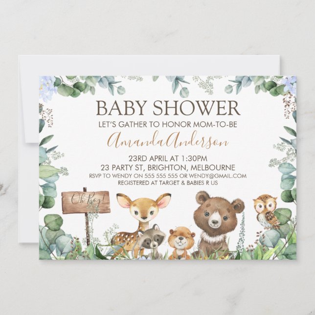 Boys Woodland Animals Baby Shower-inbjudan Inbjudningar (Framsida)