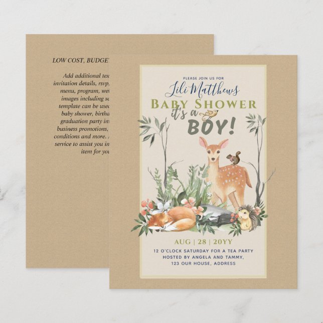 Boys Woodland Animals Forest Baby Shower Inbjudnin (Fram/baksida)