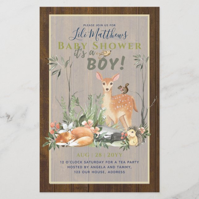 Boys Woodland Animals Forest Baby Shower Inbjudnin Flygblad (Framsidan)