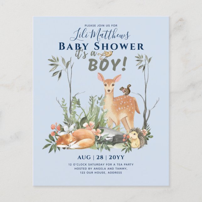 Boys Woodland Animals Forest Baby Shower Inbjudnin Flygblad (Framsidan)
