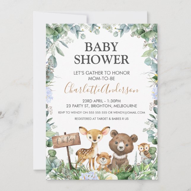Boys Woodland Animals och Greenery Baby Shower Inbjudningar (Framsida)