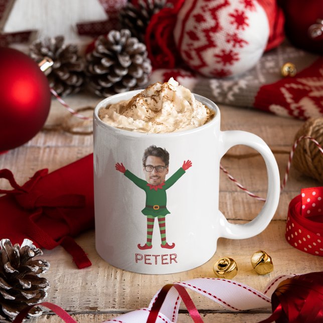 Boyväns julklapp Ansikte & Namn Kaffemugg (Boyfriend's Elf Photo & Name Funny Christmas Mug Personalized Photo)