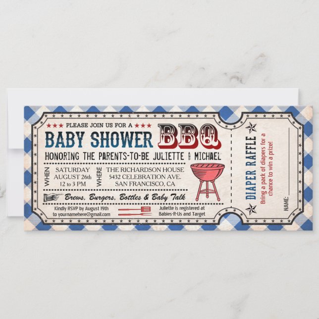 BQ Baby Shower Biljett Diaper Raffle-inbjudningar Inbjudningar (Framsida)