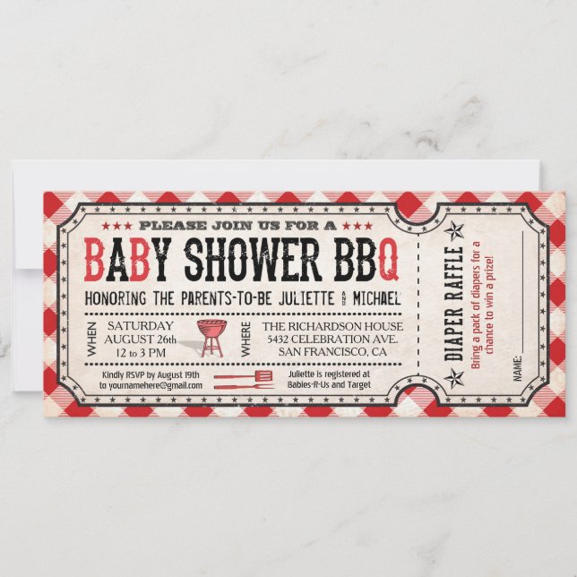 BQ Baby Shower Biljett Diaper Raffle-inbjudningar Inbjudningar (Framsida)