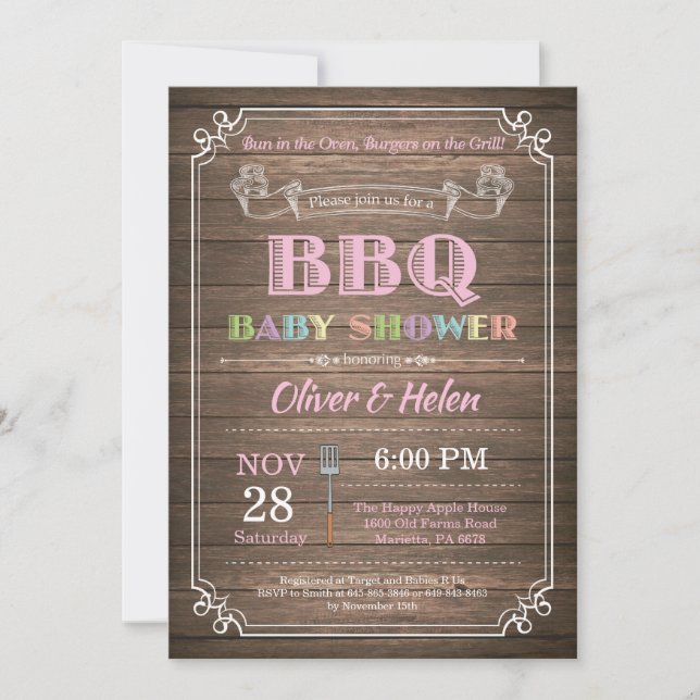 BQ Baby Shower-inbjudan Rustic Wood Rosa Inbjudningar (Framsida)