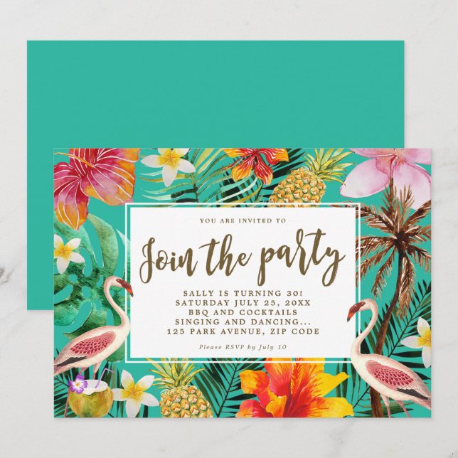 BQ-inbjudan för flamingo-tropisk Födelsedagsfest Inbjudningar (Fram/baksida)