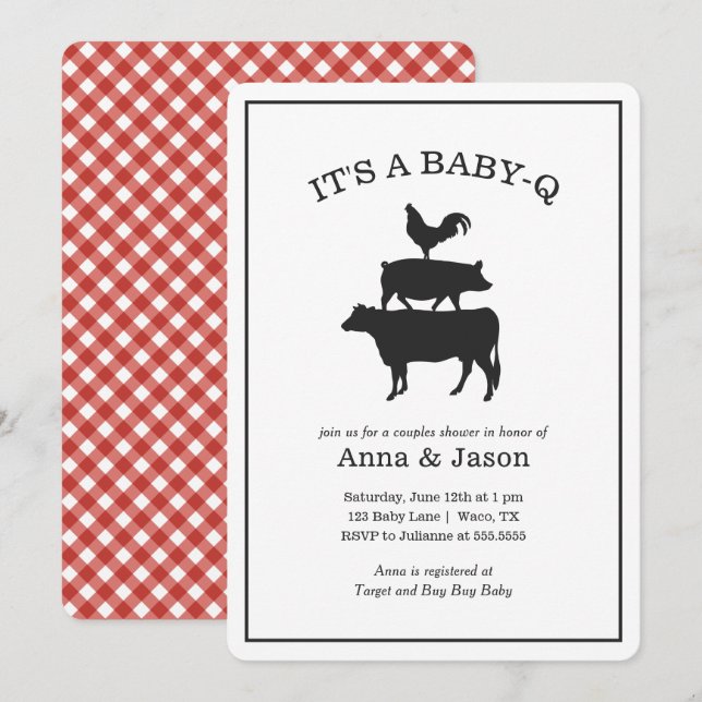 BQ Rustic Par Baby Shower Baby Q-inbjudan Inbjudningar (Fram/baksida)