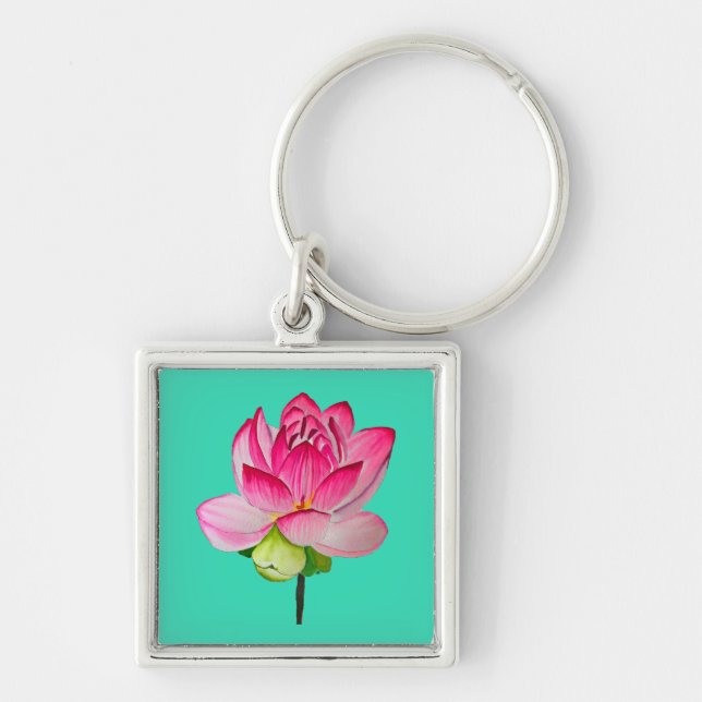 bra av rosa vattenfärgen lotus blomma fyrkantig silverfärgad nyckelring (Framsidan)