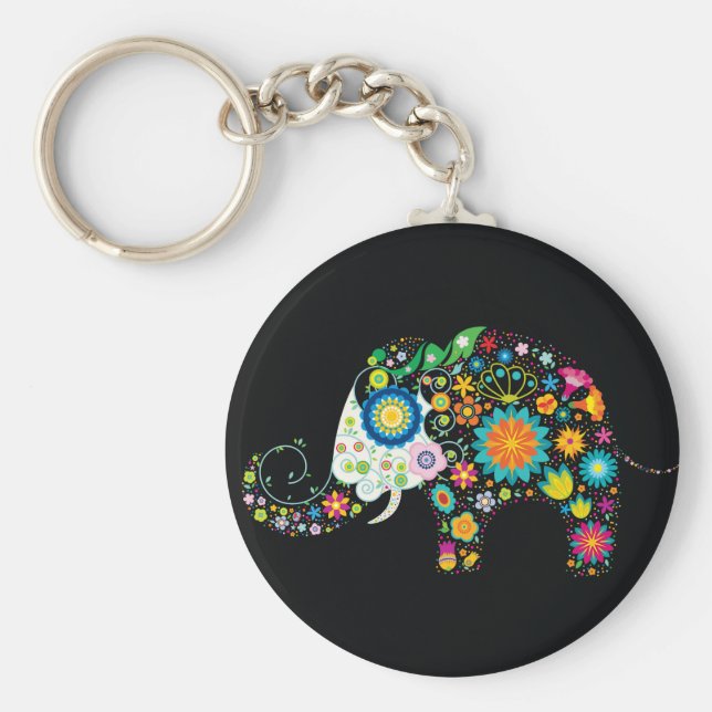 Bra Cute Elephant Blommigt Mode Nyckelring (Framsidan)