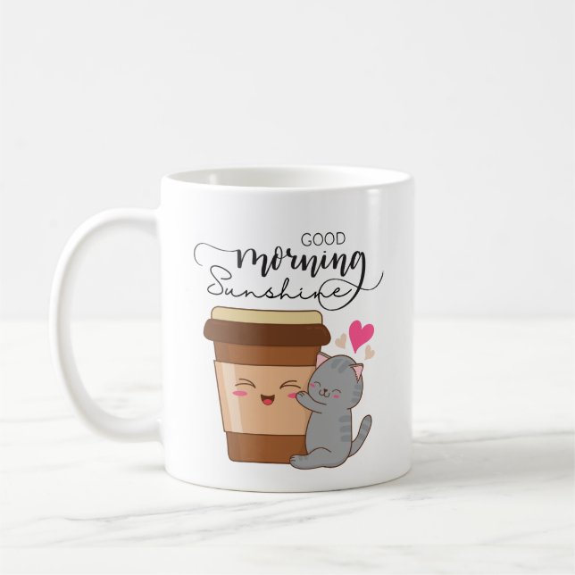 Bra God morgon Cute Cat & Coffee kawaii Kaffemugg (Vänster)