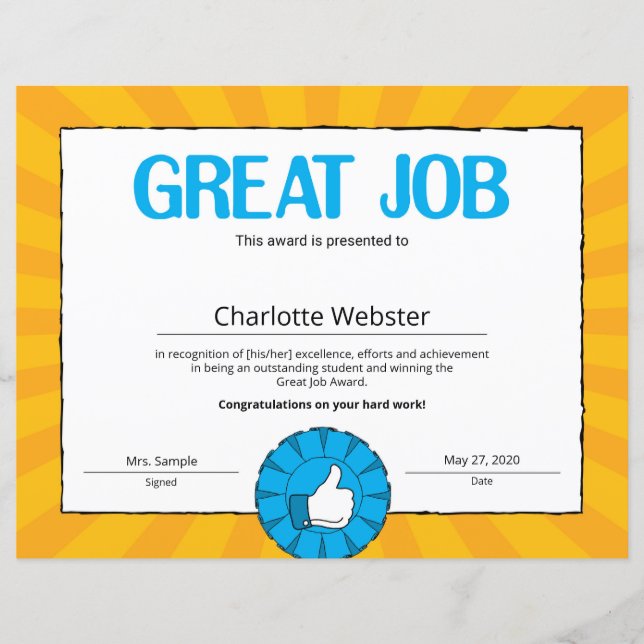 Bra Jobb Certifikat för Prestation PDF (Framsida)