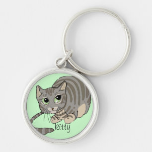 Bra Kattunge Grått Tiger Cat~Nyckelkedja Rund Silverfärgad Nyckelring