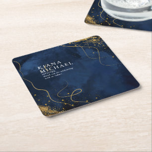 Bra Linjer Guld Abstrakt Bröllop V1 Navy ID867 Underlägg Papper Kvadrat