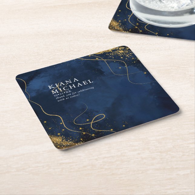 Bra Linjer Guld Abstrakt Bröllop V1 Navy ID867 Underlägg Papper Kvadrat (Vinklad)