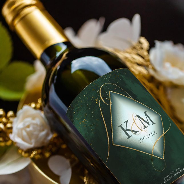 Bra Linjer Guld Abstrakt Bröllop V2 Emerald ID867 Vinflaska Etikett (Skapare uppladdad)