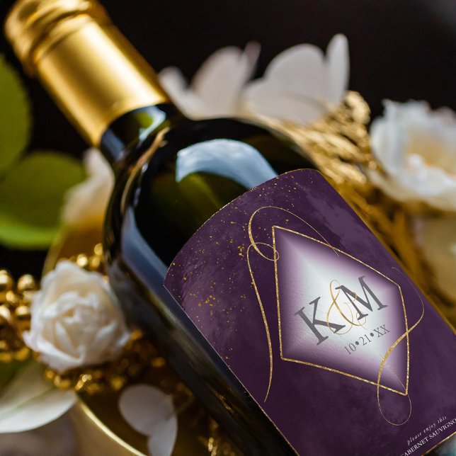 Bra Linjer Guld Abstrakt Bröllop V2 Plum ID867 Vinflaska Etikett (Skapare uppladdad)