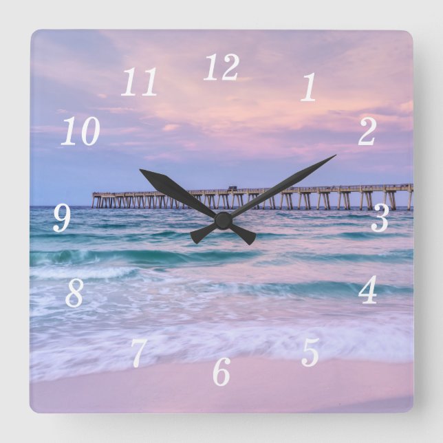 Bra Morgon Navarre Beach Pier Wall Clock Fyrkantig Klocka (Framsida)