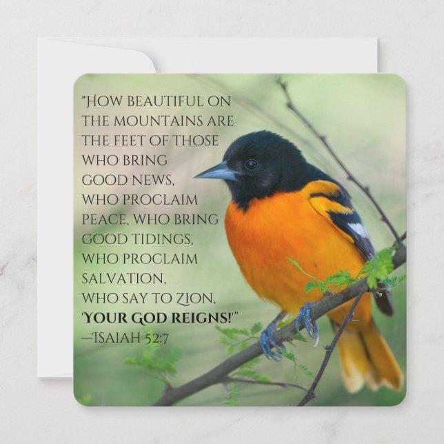 Bra nyhetskort med färgstarkt Oriole & Isaiah 52:7 Julkort (Framsida)
