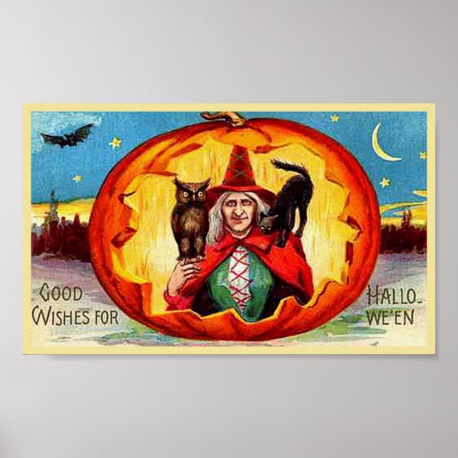 Bra Önskemål för Halloween, Uggla, Witch, Katt, Fl Poster (Framsidan)