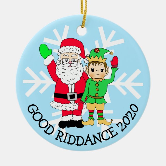 Bra Riddance 2020 Santa and Elf in Facemask Julgransprydnad Keramik (Framsidan)