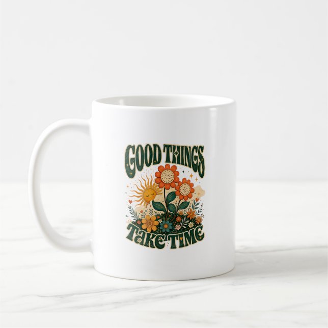 Bra Saker Tar Tid Retro Floral Boho Kaffemugg (Vänster)