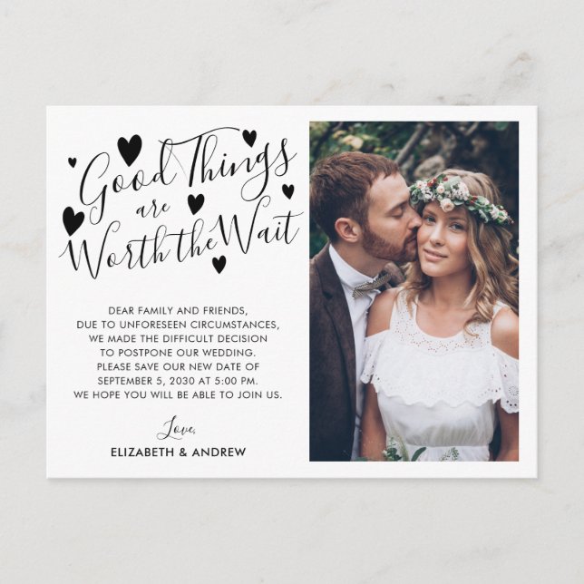 Bra saker värda att vänta på ändra datum Foto Meddelande Vykort (Framsida)