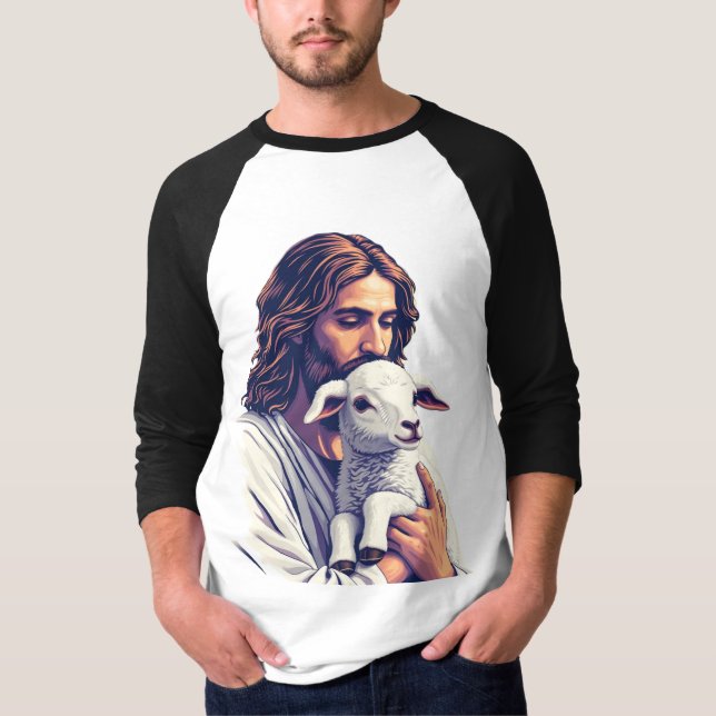 Bra Shepherd: Jesus med Lamb Raglan T-Shirt (Framsida)