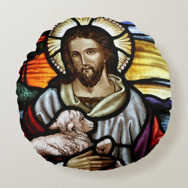Bra Shepherd, Jesus på nedfläckad glas Rund Kudde (Framsidan)