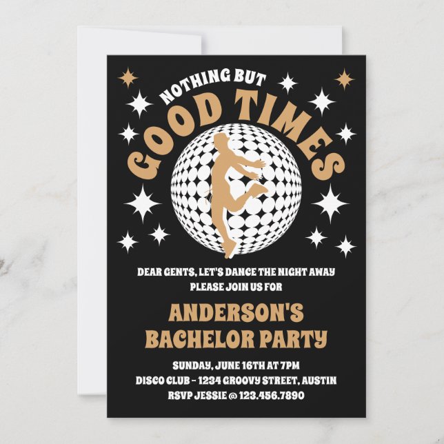 Bra Times Groovy Black & Guld Bachelor Party Inbjudningar (Framsida)