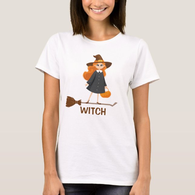 Bra Witch Cute Halloween Broom Tecknad Funny T Shirt (Framsida)