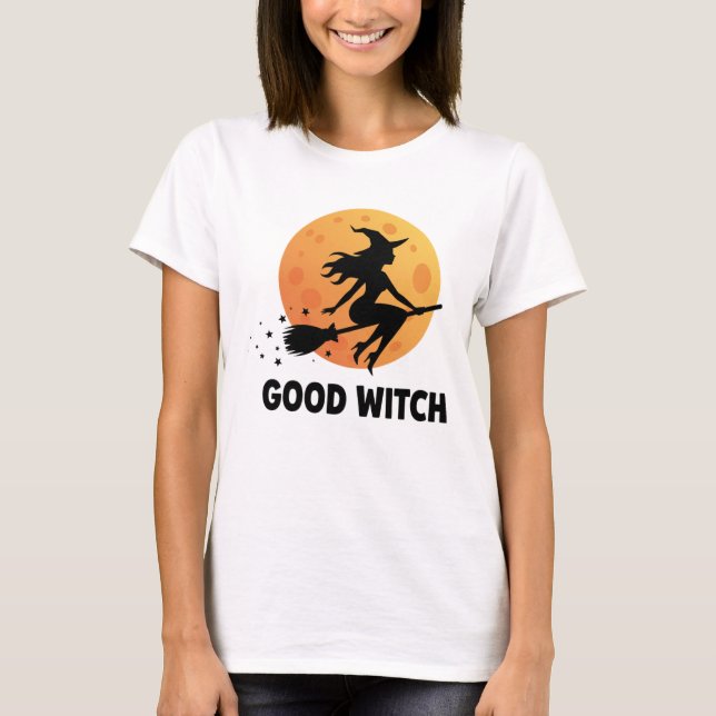Bra Witch Flies Måne Silhouette Modern Halloween T Shirt (Framsida)