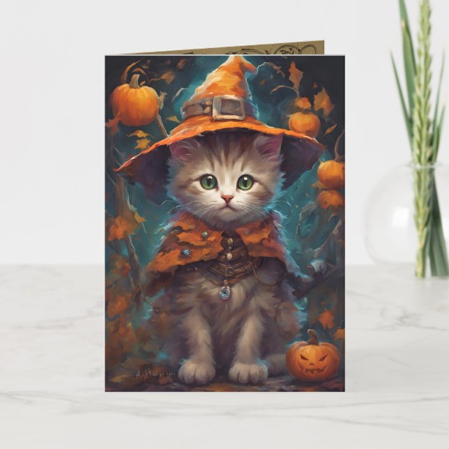 Bra Witch Kitten, Cute Halloween Cat Hälsning Kort (Framsida)