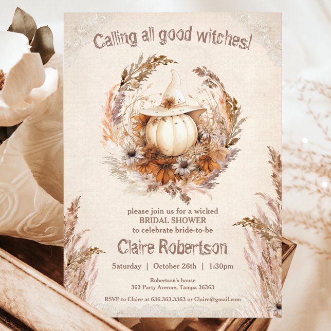 Bra Witch Pumpkin Halloween Möhippa Party Inbjudningar (Good Witch Pumpkin Halloween Boho Bridal Shower Invitation)
