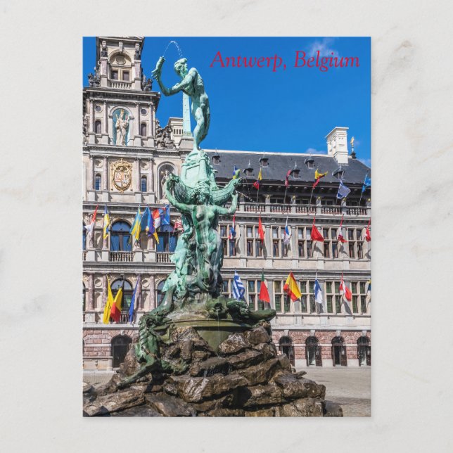 Brabos monument och Stadhuis Antwerpen Vykort (Framsida)