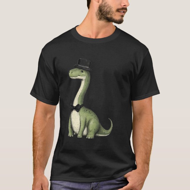 Brachiosaurus-dinosaur som bär hatt och flugbindel t shirt (Framsida)