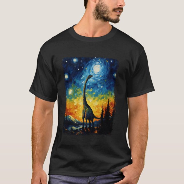 Brachiosaurus Dinosaur Starry Nattmålning T Shirt (Framsida)