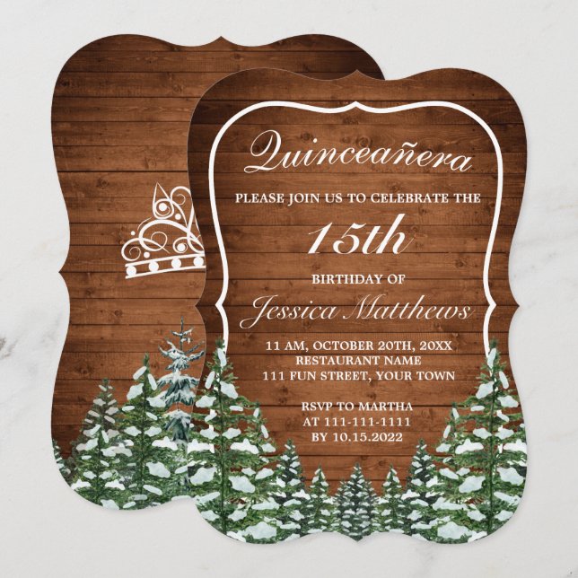 Bracket Snowy Forest Rural Gräs Tiara Quinceañera Inbjudningar (Fram/baksida)