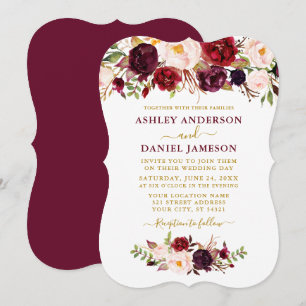 Bracket Watercolor Burgundy Blommigt Guld Bröllop Inbjudningar