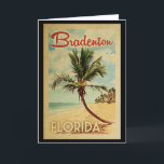 Bradenton Handflatan Träd Vintage resor Kort<br><div class="desc">En unik kopia av den moderna tidningen Bradenton Florida i vintage resor poster stil. Den har en böjd handflatan träd på sandstranden med hav under ett blått grumligt himlar.</div>