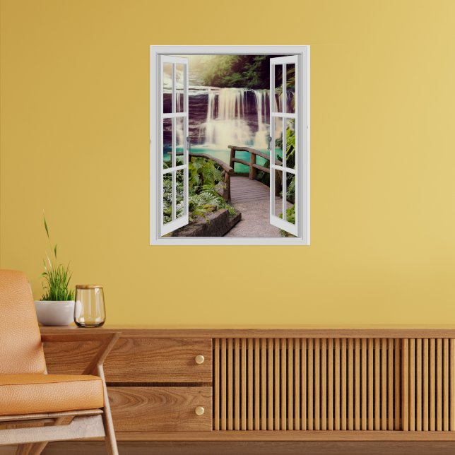 Brädgård Vattenfall Falskt Fönster Utseende Poster (Vardagsrum 2)