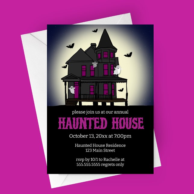 Brådskande inbjudan till Halloween fest (Purple Haunted House Moon Background Halloween Party Invitation)