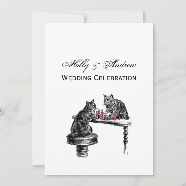 Brädspel Två katter som spelar schackmatch röd Inbjudningar (Framsida)